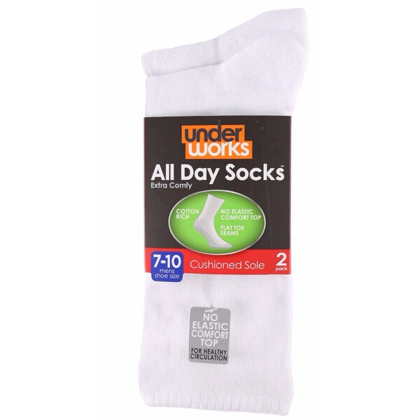 Underworks Mens All Day Cushion Foot Socks White Size 7 - 10 2 Pack