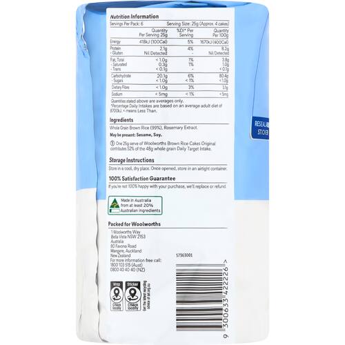 Woolworths Thin Brown Rice Cakes Original 150g bunch