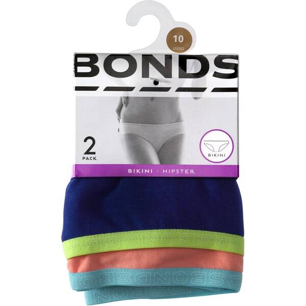 Bonds Ladies Underwear Hipster Bikini Fashion Size 10 2 Pack