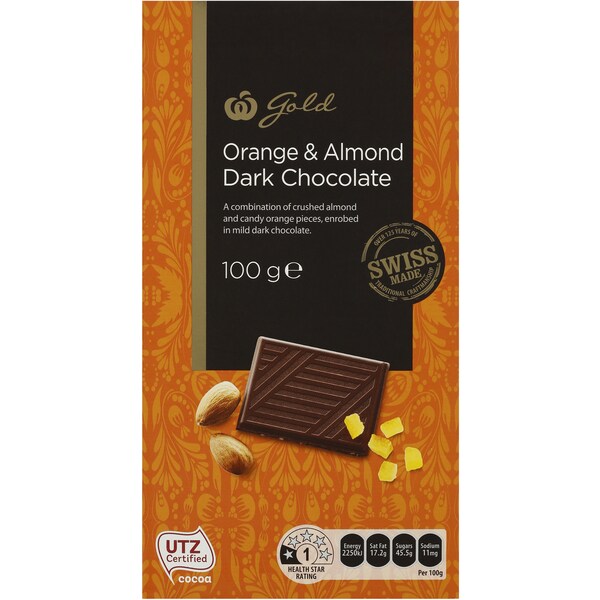 Woolworths Gold Dark Chocolate Orange Almond 100g Block