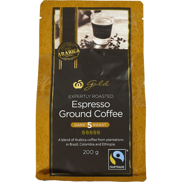 Woolworths Gold Fairtrade Ground Coffee Espresso Roast 200G