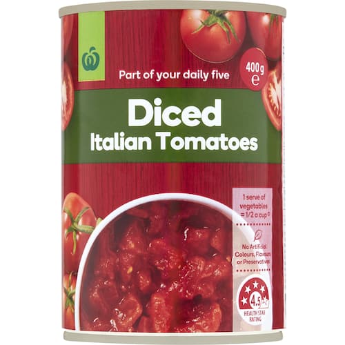 Woolworths Diced Italian Tomatoes No Added Salt 400g bunch