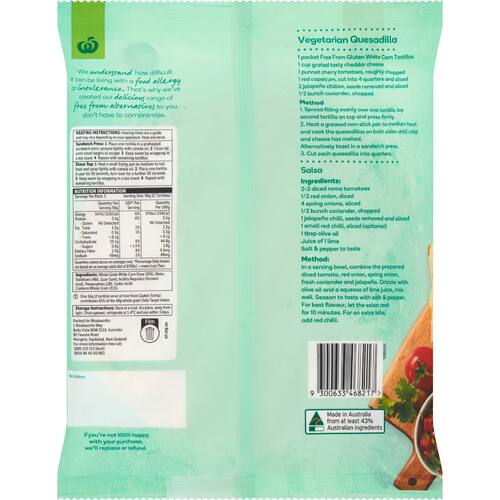Woolworths Free From Gluten Ingredients Tortilla Corn 280g bunch