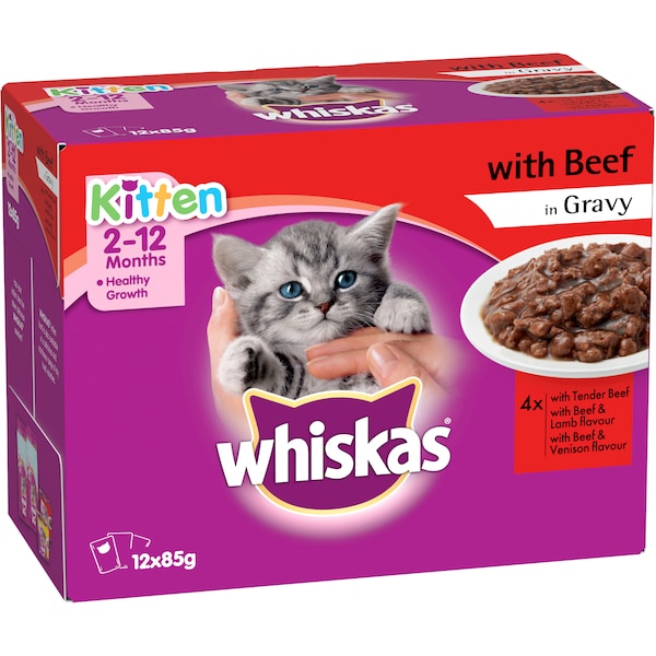 Whiskas Kitten Wet Cat Food Favourites Beef In Gravy Pouch 85g x 12 pack