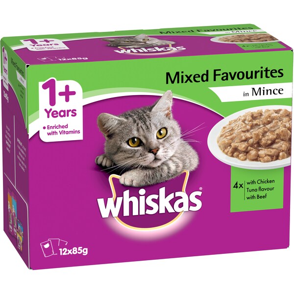 Whiskas Mixed Favourites 1+ Years Wet Cat Food Mince Pouch 85g x 12 pack