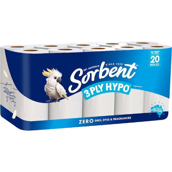Sorbent Hypo-Allergenic 3 Ply Toilet Paper 20 pack