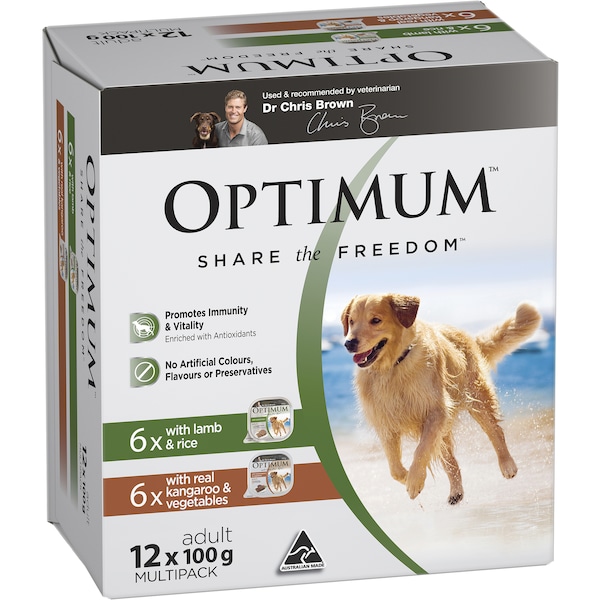 Optimum Adult Wet Dog Food Lamb & Rice/ Kangaroo & Vegetables 12x100g Trays