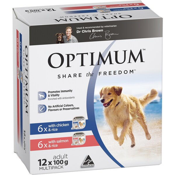 Optimum Adult Wet Dog Food With Chicken & Rice/ Salmon & Rice 12x100g Trays