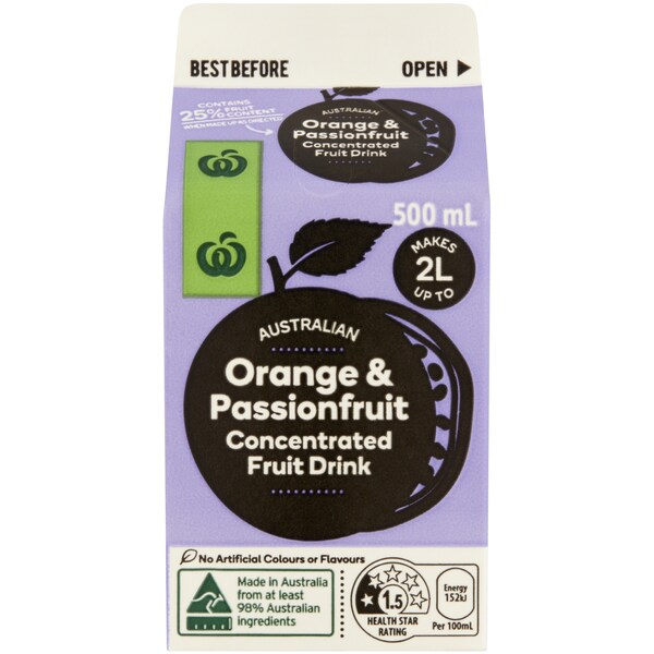 Woolworths Orange & Passionfruit Concentrate 500ml
