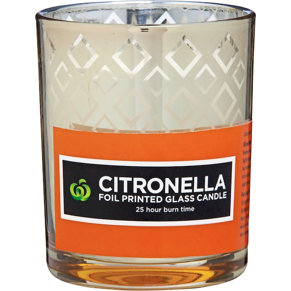 Woolworths Citronella Foil Print Glass Candle Each