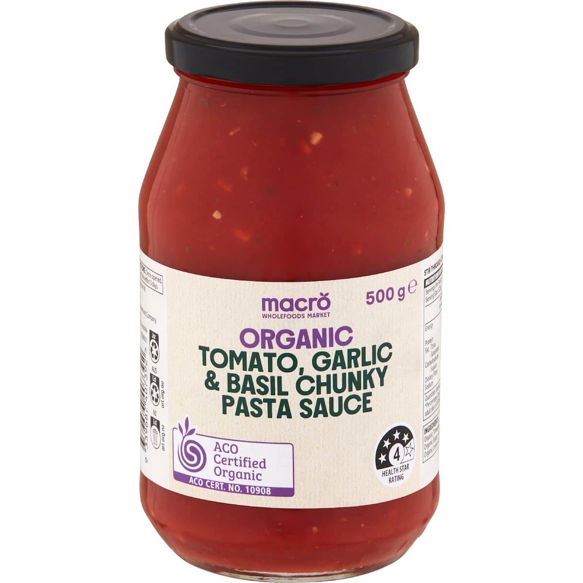 Macro Organic Pasta Sauce Chunky Tomato Garlic Basil 500g