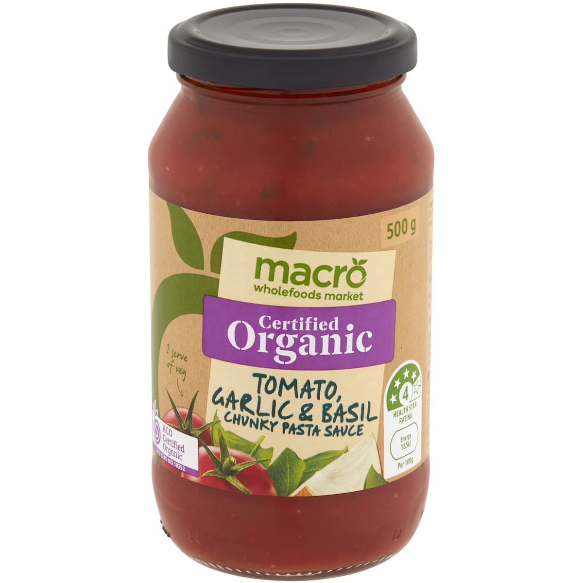 Macro Organic Pasta Sauce Chunky Tomato Garlic Basil 500g bunch