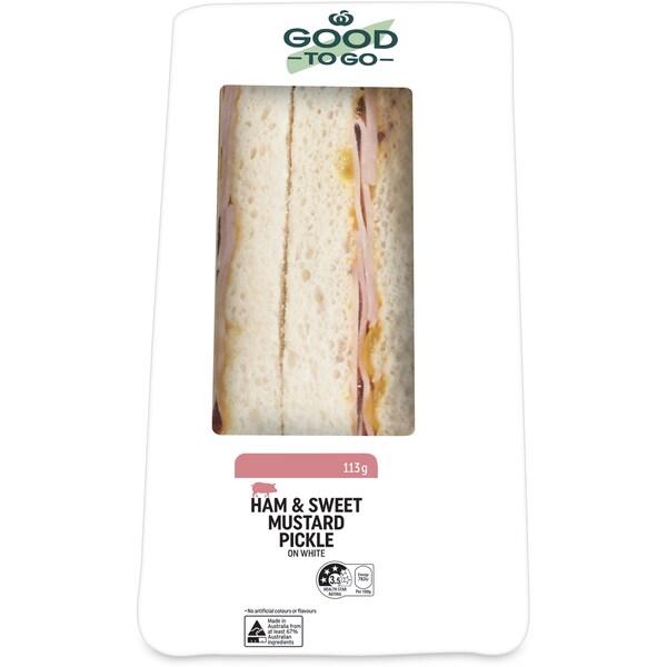 Woolworths Good To Go Ham & Sweet Mustard Pickle On White 113g