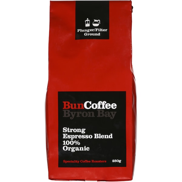 Bun Coffee Byron Bay Plunger/Filter Ground Strong Espresso 100% Organic 250g