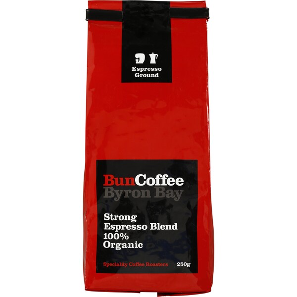 Bun Coffee Byron Bay Espresso Ground Strong Blend 100% Organic 250g