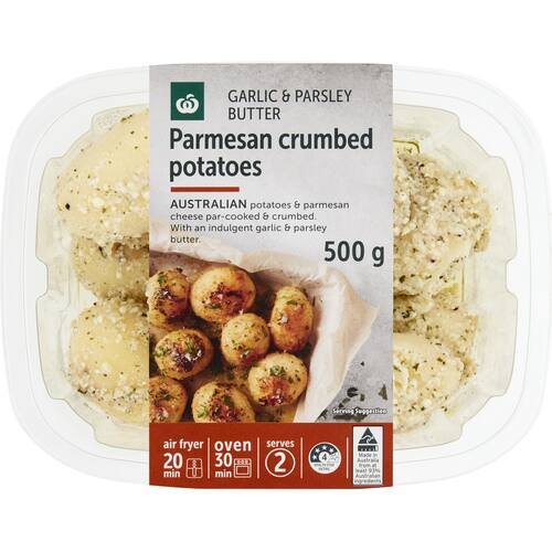 Woolworths Cook Parmesan crumbed potatoes with garlic and parsley