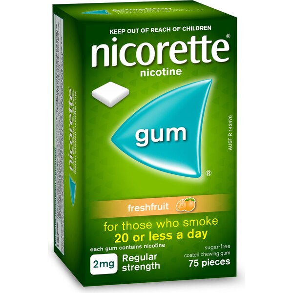 Nicorette Quit Smoking Regular Strength Fresh Fruit Gum 2Mg 75 pack