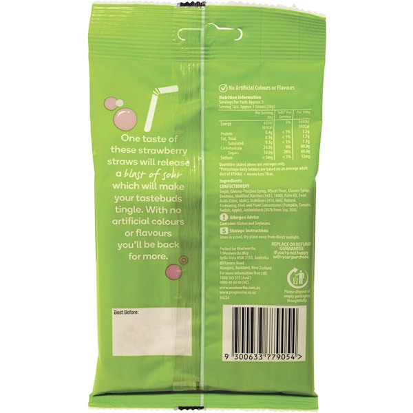Woolworths Sour Straps Strawberry 160g