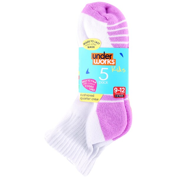 Underworks Girls Quarter Crew Socks Size 9-12 5 Pack