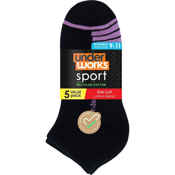 Underworks Ladies Sport Socks Low Cut Size 9 - 11 5 Pack
