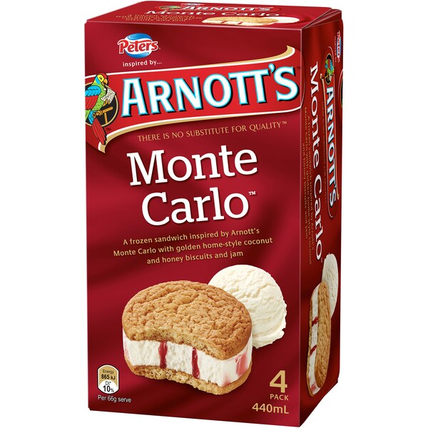 Arnott's Monte Carlo Sandwich Ice Cream With Coconut & Jam 4 Pack