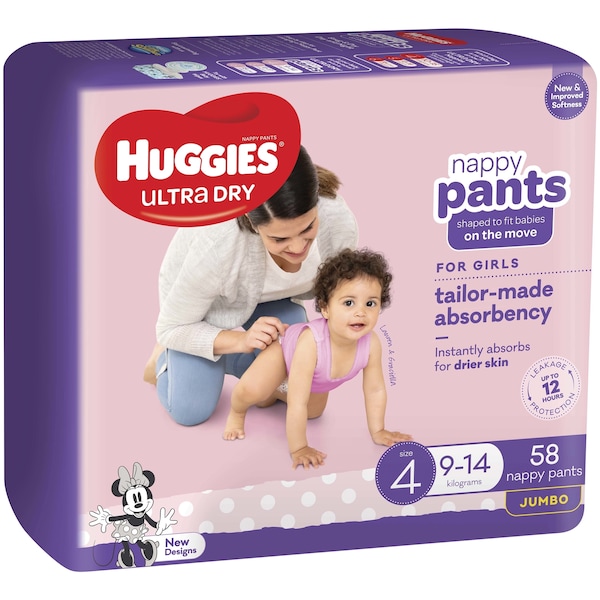 Huggies Ultra Dry Nappy Pants Size 4 Girls 58 pack