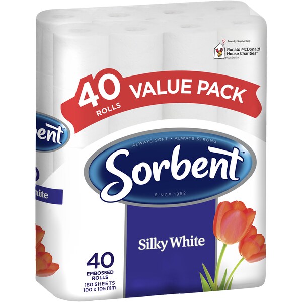 Sorbent Silky White Toilet Tissue Paper 40 Pack