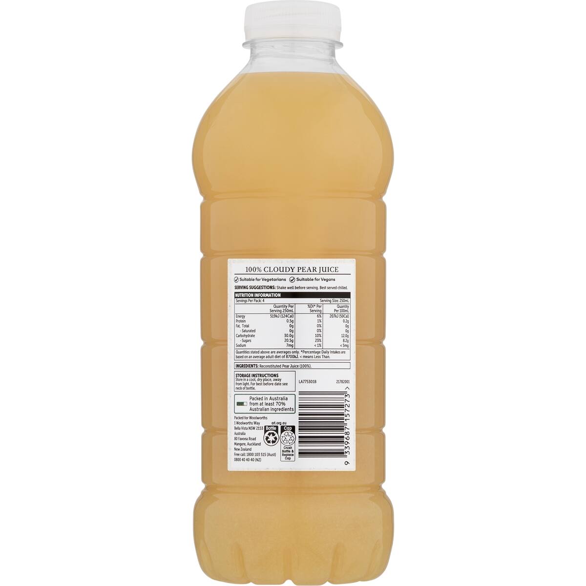 Woolworths 100 Cloudy Pear Juice 1l bunch