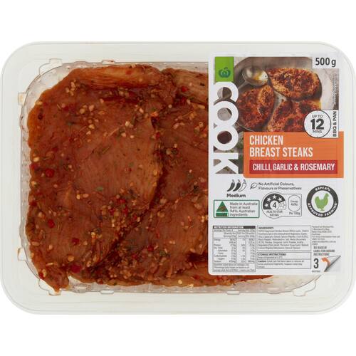 Woolworths Cook Chicken Breast Steaks Chilli Garlic and Rosemary 500g