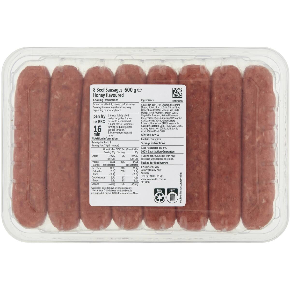 Woolworths 8 Beef Sausages Honey Flavoured 600g bunch