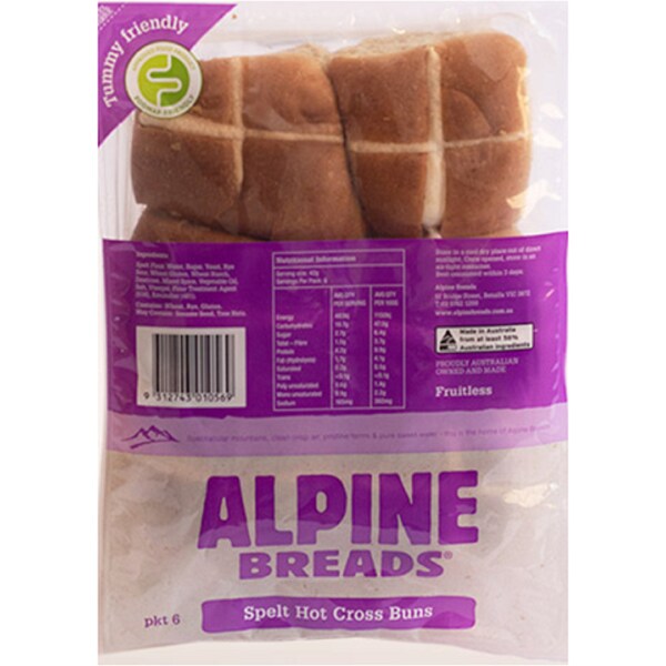 Alpine Breads Spelt Hot Cross Buns 6 Pack