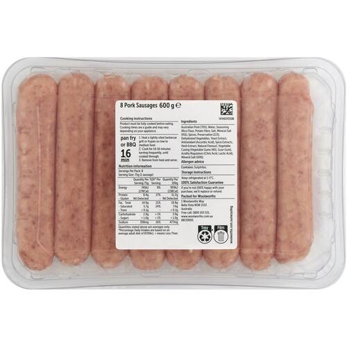Woolworths 8 Pork Sausages 600g bunch