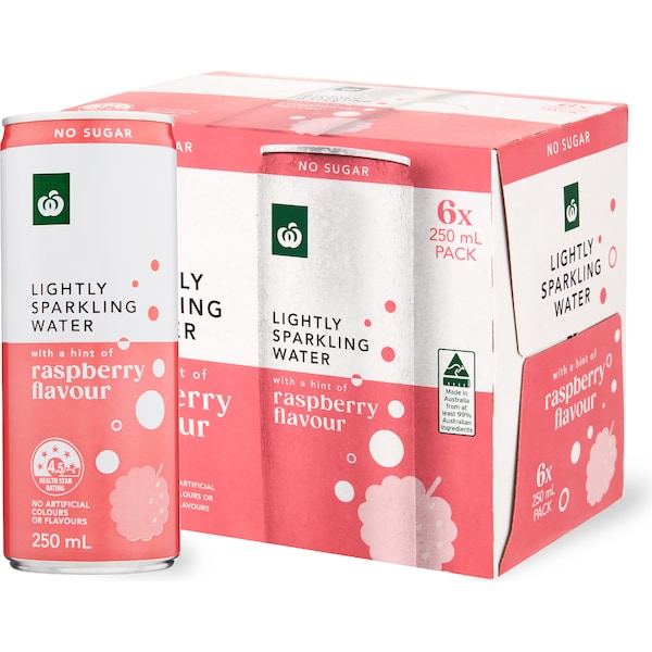 Woolworths Lightly Sparkling Water Cans Raspberry 250mL x 6 pack