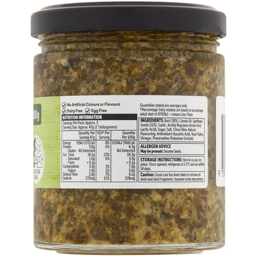 Woolworths Free From Dairy Basil Pesto 180g bunch