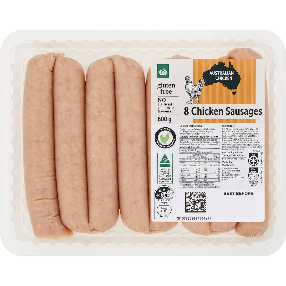 Woolworths 8 Chicken Sausages 600g bunch