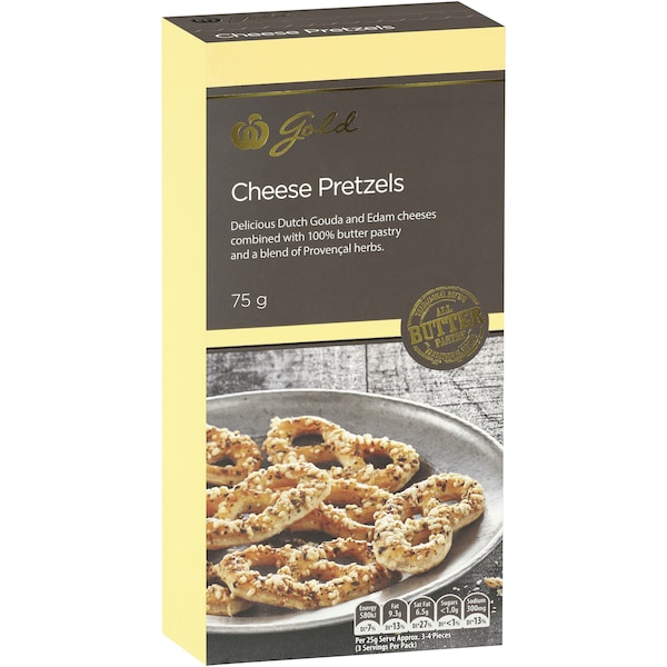 Woolworths Gold Mediterranean Herb Gouda & Edam Butter Pretzels 75G