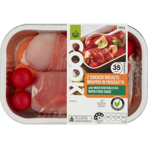 Woolworths Cook Chicken Breasts Wrapped In Prosciutto With Sauce 500g
