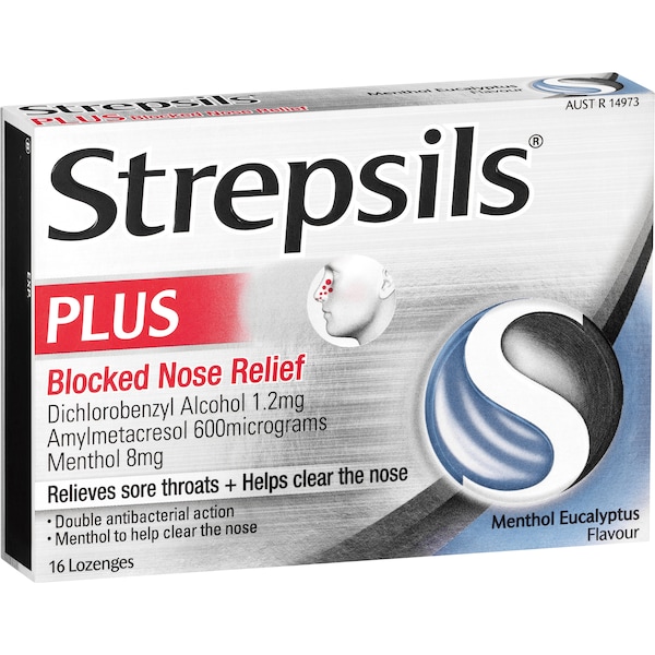 Strepsils Plus Blocked Nose Sore Throat Lozenges Menthol 16 pack