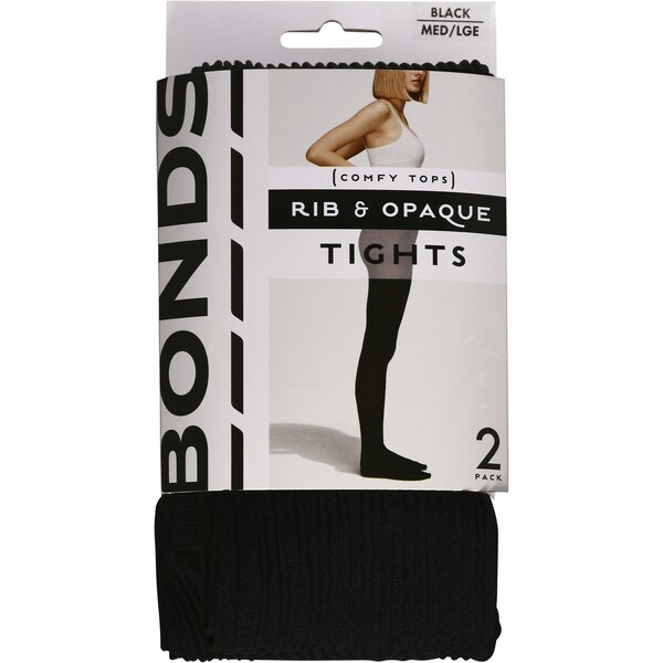 Bonds Comfy Tops Rib & Opaque Tights Black Med-Lge 2pk