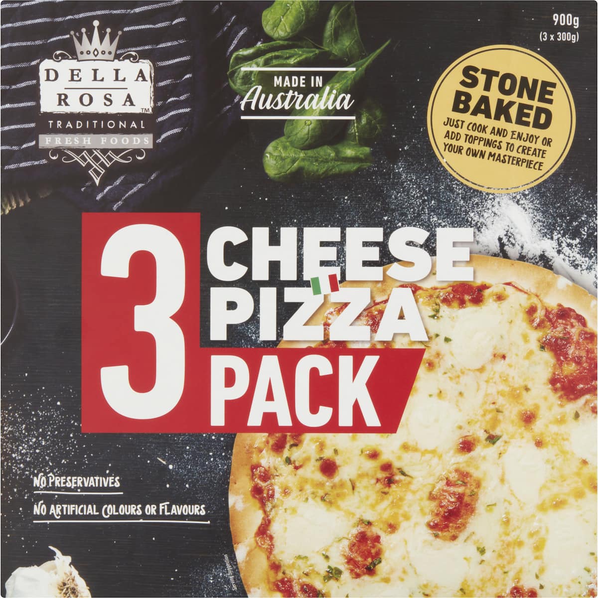 Della Rosa Stone Baked 3 Cheese Pizza Pack 900g bunch