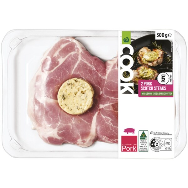 Woolworths Cook Pork Scotch Steaks With Lemon Sage & Garlic Butter 300g