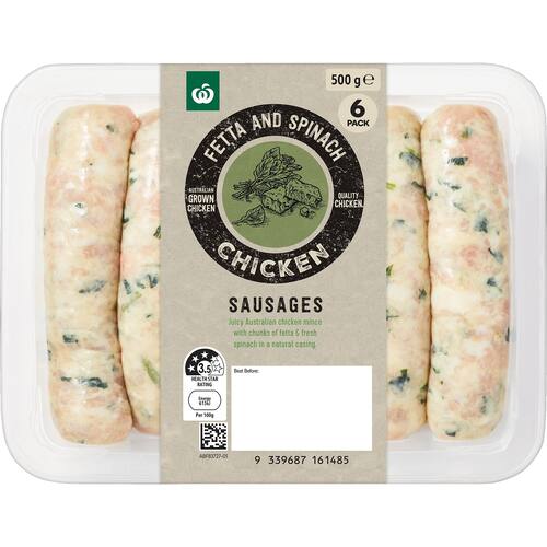 Woolworths Fetta and Spinach Chicken Sausages 500g bunch