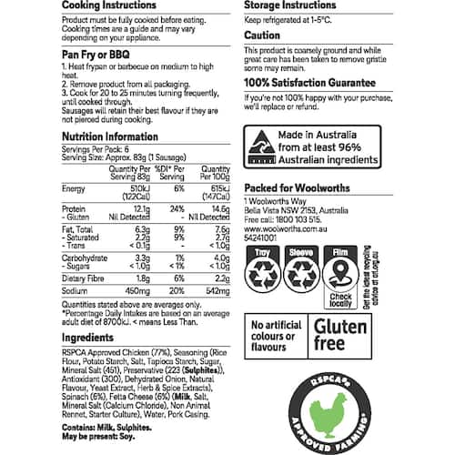 Woolworths Fetta and Spinach Chicken Sausages 500g bunch