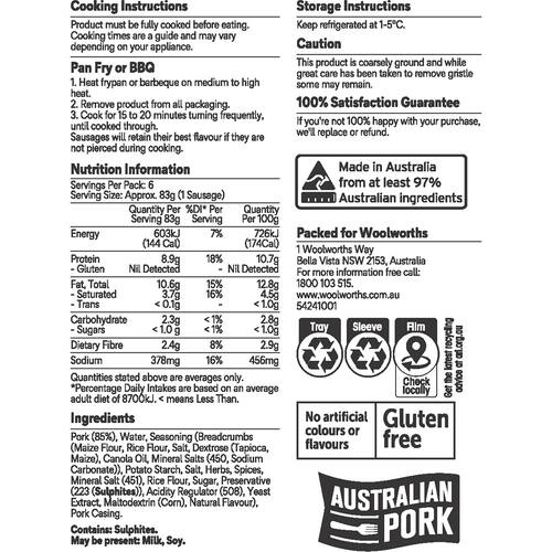 Woolworths Classic Cumberland Pork Sausages 500g bunch