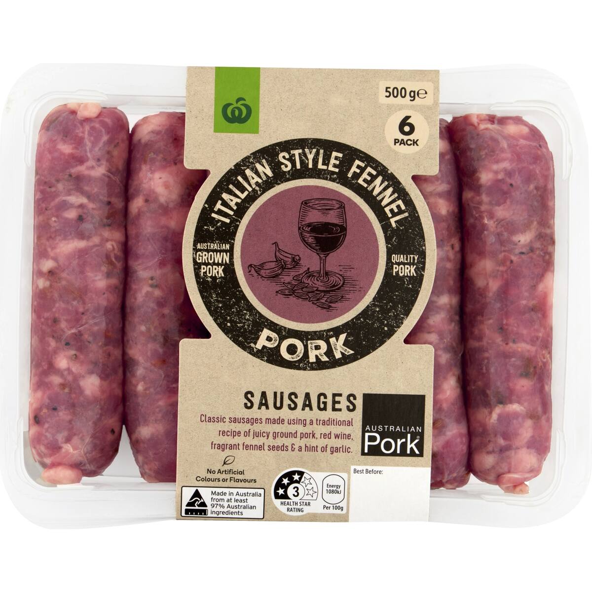 Woolworths Italian Style Fennel Pork Sausages 500g bunch