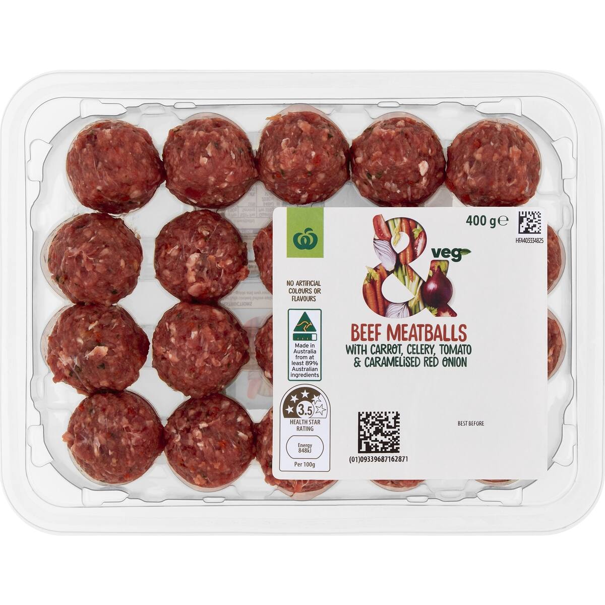 Woolworths andVeg Beef Meatballs With Carrot Celery Tomato and Onion 400g bunch