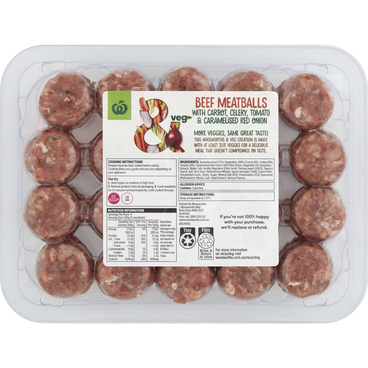Woolworths andVeg Beef Meatballs With Carrot Celery Tomato and Onion 400g bunch