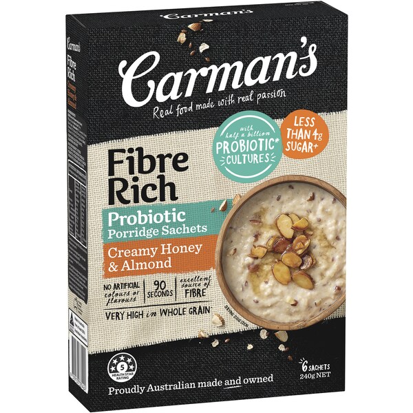 Carman's Fibre Rich Probiotic Porridge Sachets Creamy Honey & Almond 6 pack