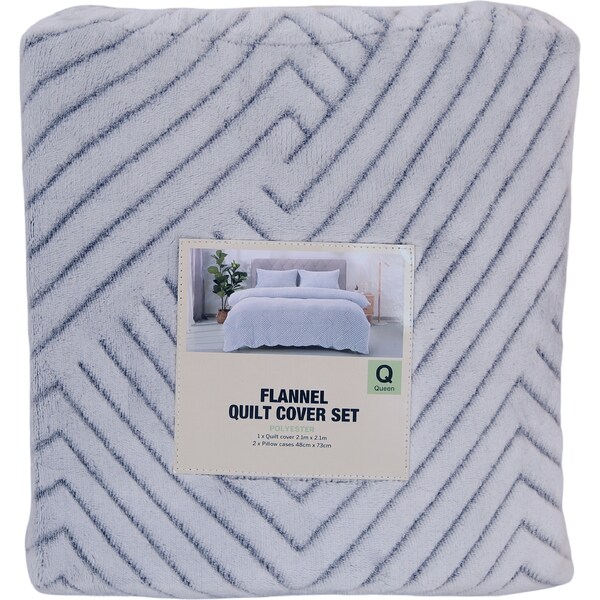 Flannel Quilt Cover Set Queen Blue Stripes each