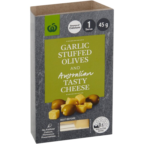 Woolworths Tasty Cheese & Garlic Stuffed Olives 45g